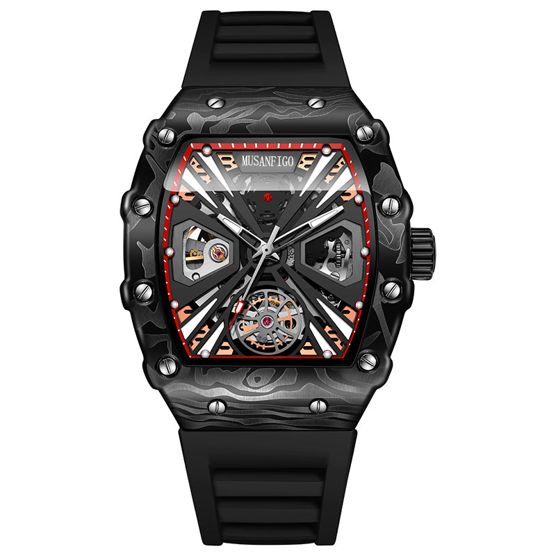 MUSANFIGO MF04 tonneau skeleton automatic watch for men - front view of large 2.2 inch case and exposed movement