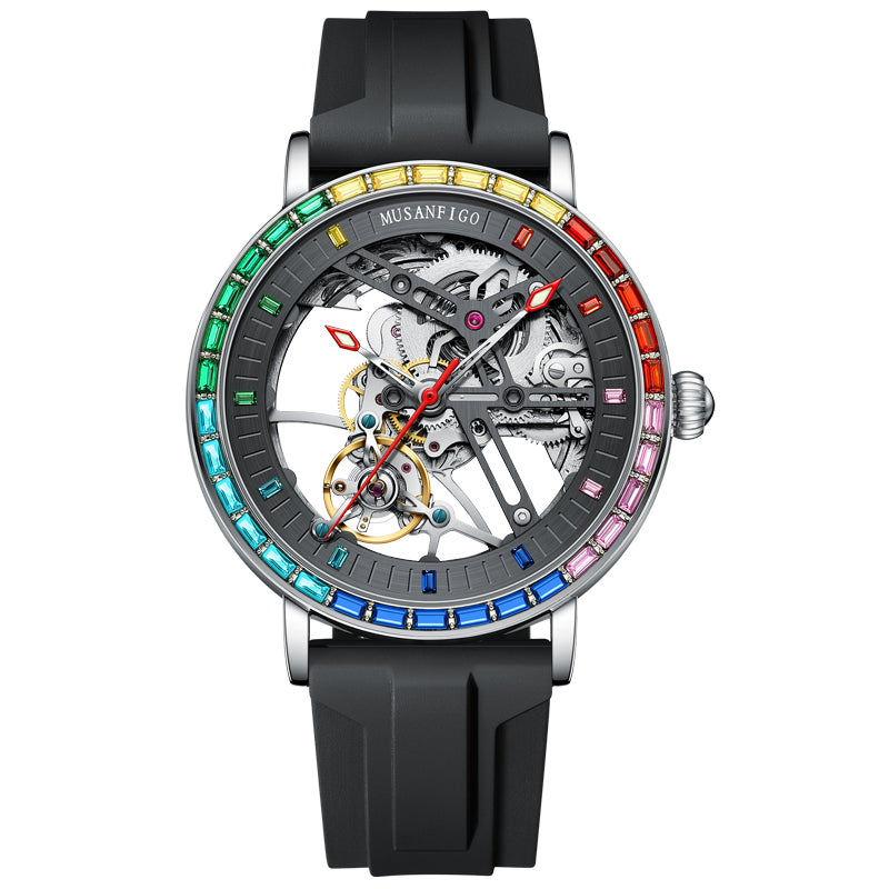 MUSANFIGO Round Automatic Skeleton Watch for Men MG01 – Rainbow Bezel Mechanical Timepiece, Stainless Steel Strap