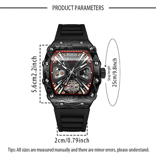 MUSANFIGO MF04 tonneau skeleton automatic watch dimensions - case length and width for 2.2 inch size