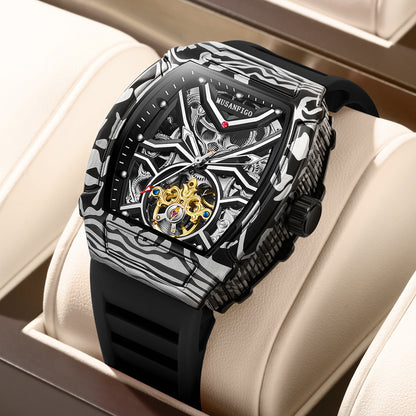 MUSANFIGO MF02 tonneau barrel-shaped skeleton automatic watch for men - front view of exposed movement