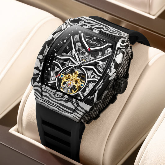 MUSANFIGO MF02 tonneau barrel-shaped skeleton automatic watch for men - front view of exposed movement