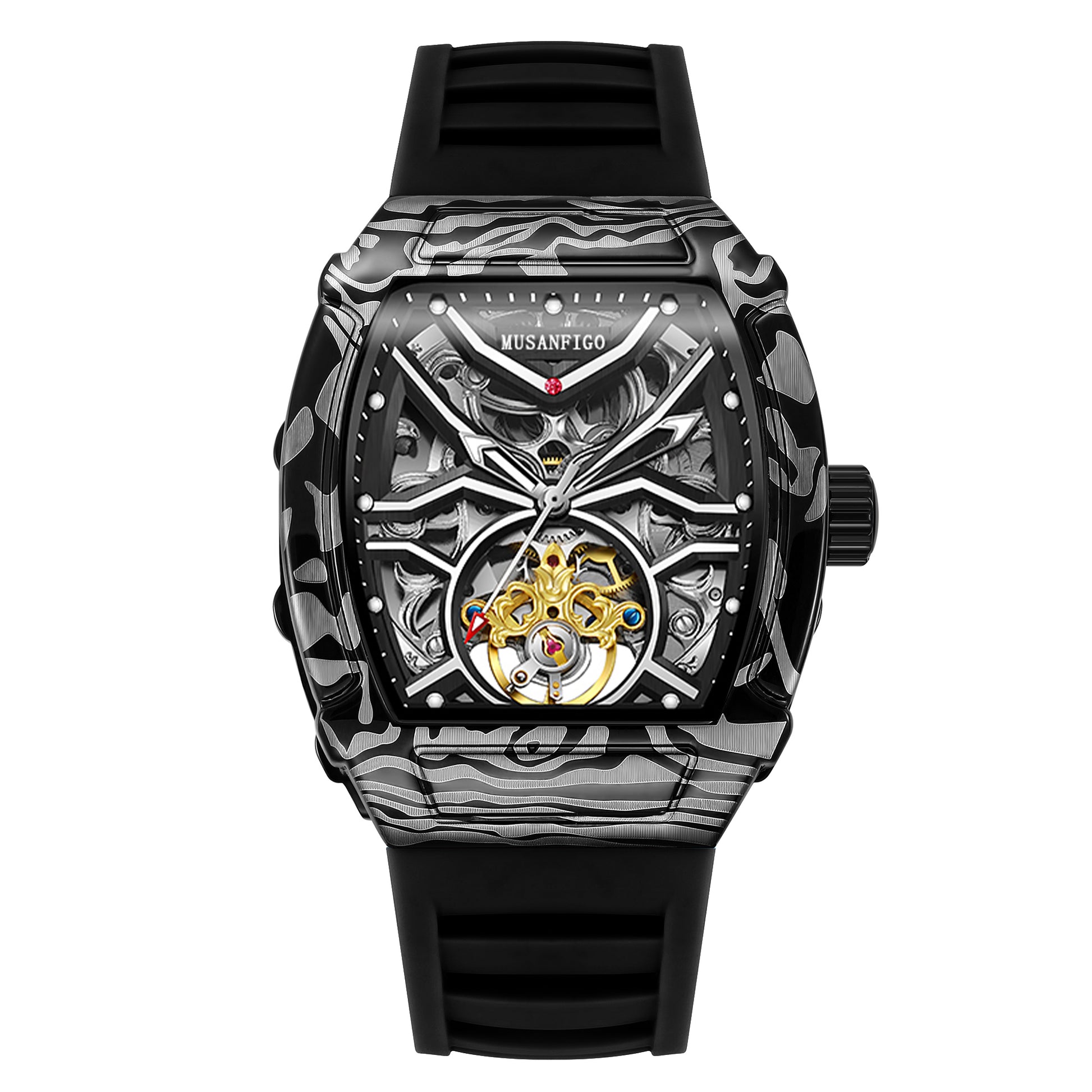 MUSANFIGO MF02 tonneau barrel-shaped skeleton automatic watch for men - front view of exposed movement