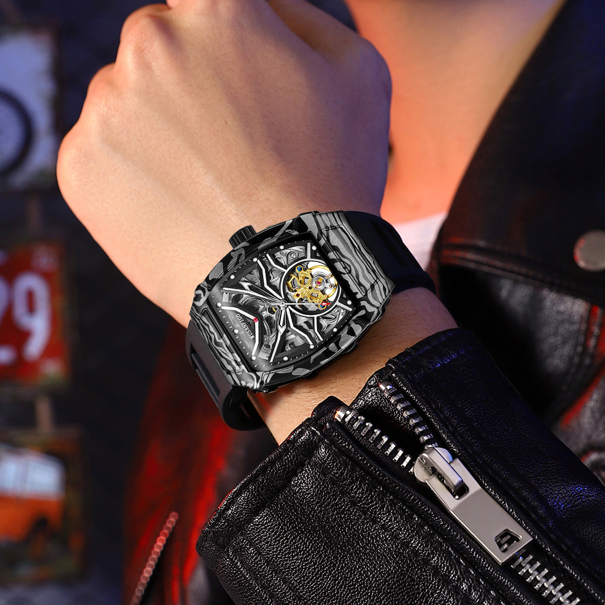 man wearing MUSANFIGO MF02 tonneau skeleton watch on wrist - casual streetwear style with denim jacket