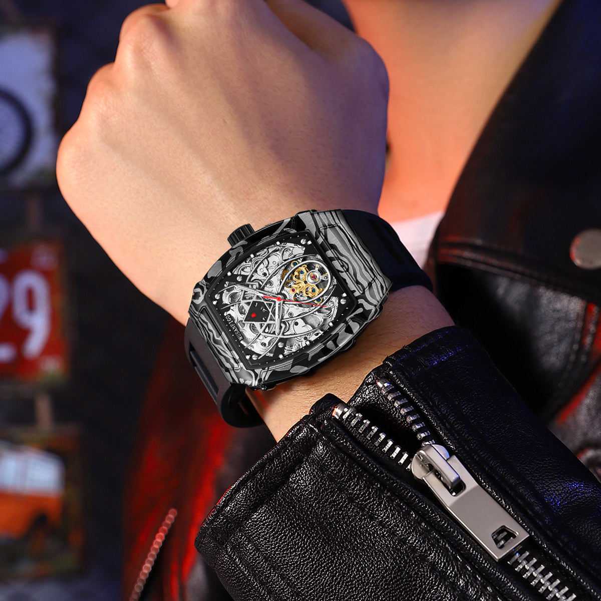 MUSANFIGO MF01 carbon pattern barrel skeleton watch on wrist outdoor