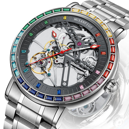 MUSANFIGO MG01 round automatic skeleton watch for men with rainbow crystal bezel - front view