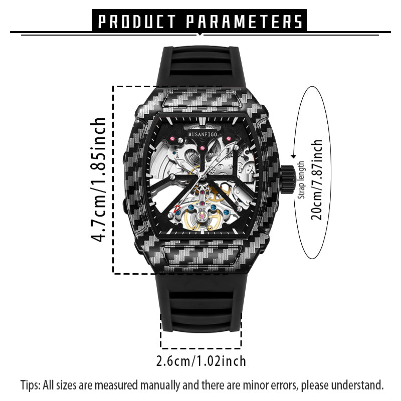MUSANFIGO MF08 tonneau skeleton automatic watch dimensions - 1.85 inch case length for classic fit