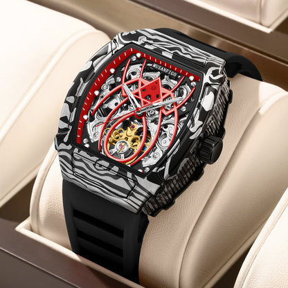 MUSANFIGO MF01 tonneau skeleton automatic watch for men - front view of exposed mechanical movement