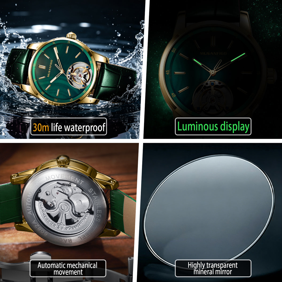 MUSANFIGO MG05 CATHEDRAL watch features: 30m life waterproof, luminous display, automatic mechanical movement, highly transparent mineral mirror
