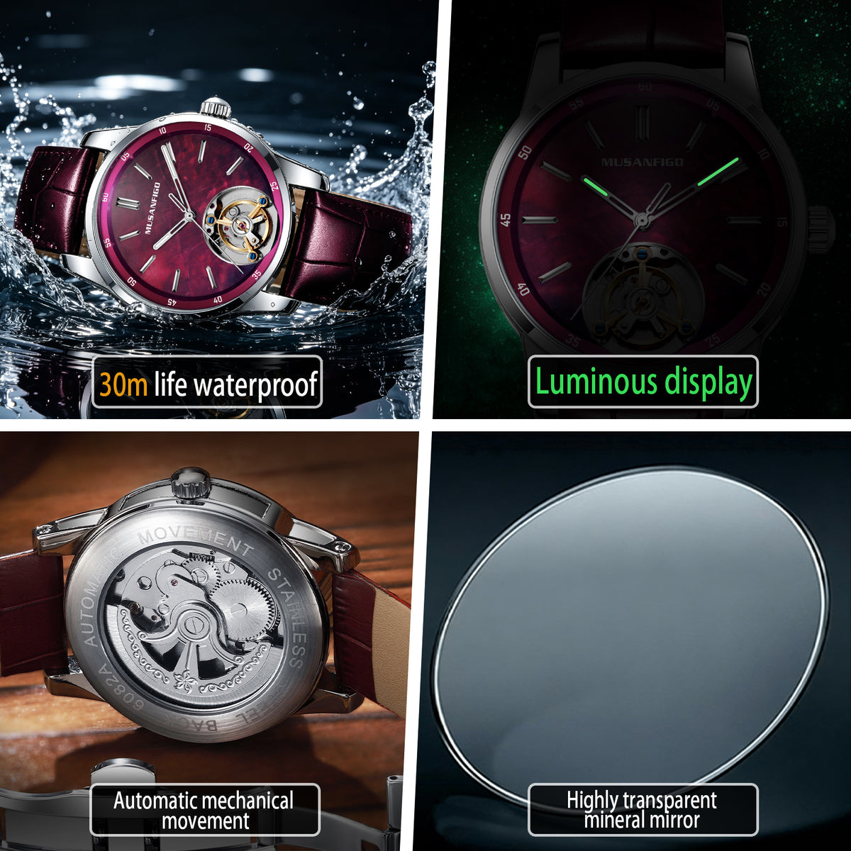 MUSANFIGO MG05 CATHEDRAL watch features: 30m life waterproof, luminous display, automatic mechanical movement, highly transparent mineral mirror