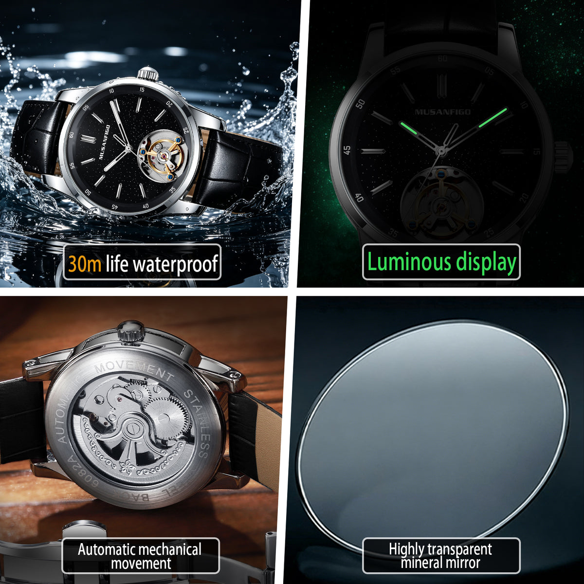 MUSANFIGO MG05 CATHEDRAL watch features: 30m life waterproof, luminous display, automatic mechanical movement, highly transparent mineral mirror