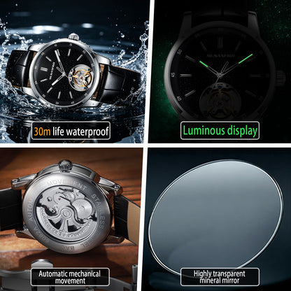 MUSANFIGO MG05 CATHEDRAL watch features: 30m life waterproof, luminous display, automatic mechanical movement, highly transparent mineral mirror