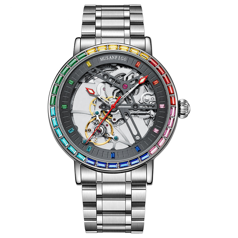 MUSANFIGO Round Automatic Skeleton Watch for Men MG01 – Rainbow Bezel Mechanical Timepiece, Stainless Steel Strap