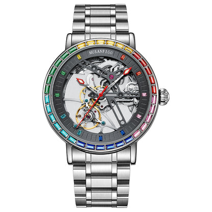 MUSANFIGO Round Automatic Skeleton Watch for Men MG01 – Rainbow Bezel Mechanical Timepiece, Stainless Steel Strap