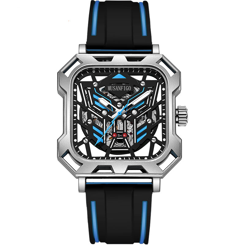 MUSANFIGO MF07 square skeleton automatic watch for men - front view of 1.96 inch square case and exposed movement