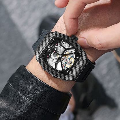 MUSANFIGO MF08 Tonneau Skeleton Watch – 1.85 Inch Automatic Mechanical Timepiece for Men, Silicone Strap