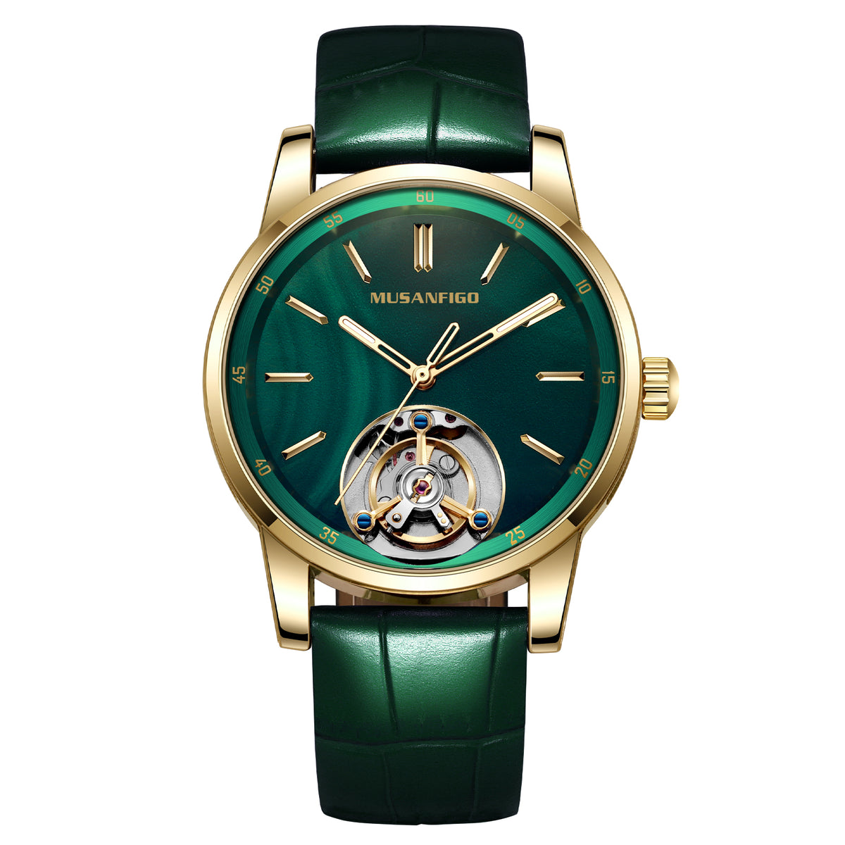 MUSANFIGO MG05 CATHEDRAL round skeleton automatic watch, burgundy dial with open balance wheel at 6 o'clock, stainless steel case and leather strap