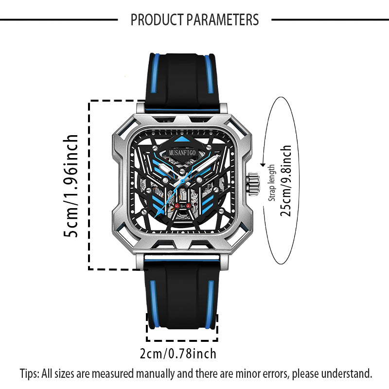 MUSANFIGO MF07 square skeleton automatic watch dimensions - 1.96 inch case length and width