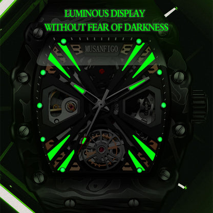 close up of MF04 skeleton dial revealing automatic gears - large tonneau-shaped mechanical sports watch