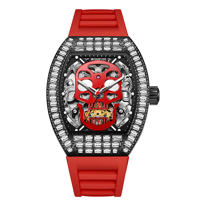 MUSANFIGO MF05 skull skeleton automatic watch for men - front view of large 2.24 inch case with skull design and exposed movement