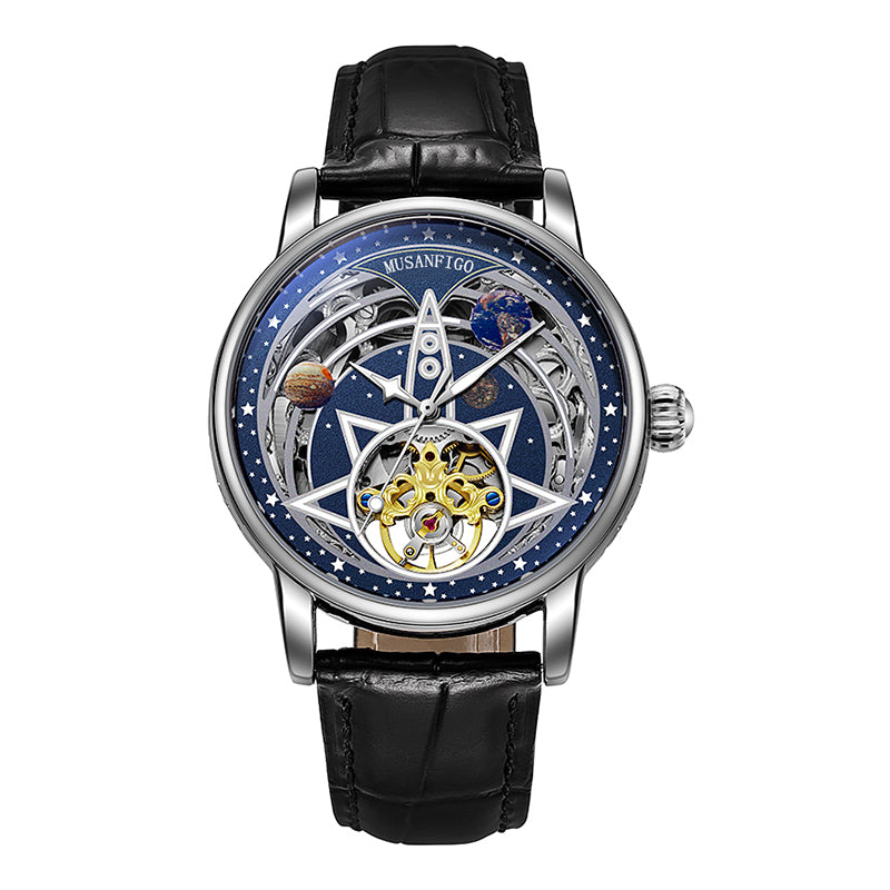 MUSANFIGO MG02 round automatic skeleton watch for men - front view of clean minimalist dial and exposed movement