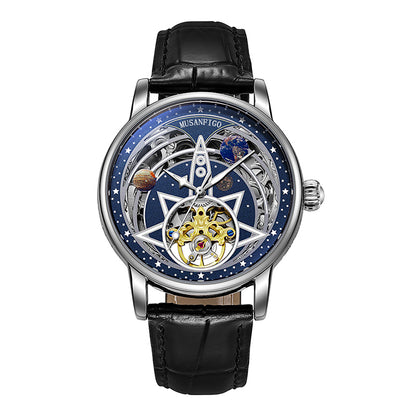 MUSANFIGO MG02 round automatic skeleton watch for men - front view of clean minimalist dial and exposed movement