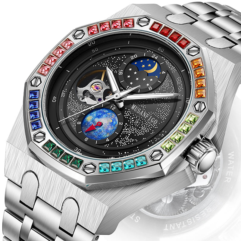 MUSANFIGO MG03 moon phase automatic watch for men - front view of 1.65 inch round case with moon phase subdial and multicolor bezel