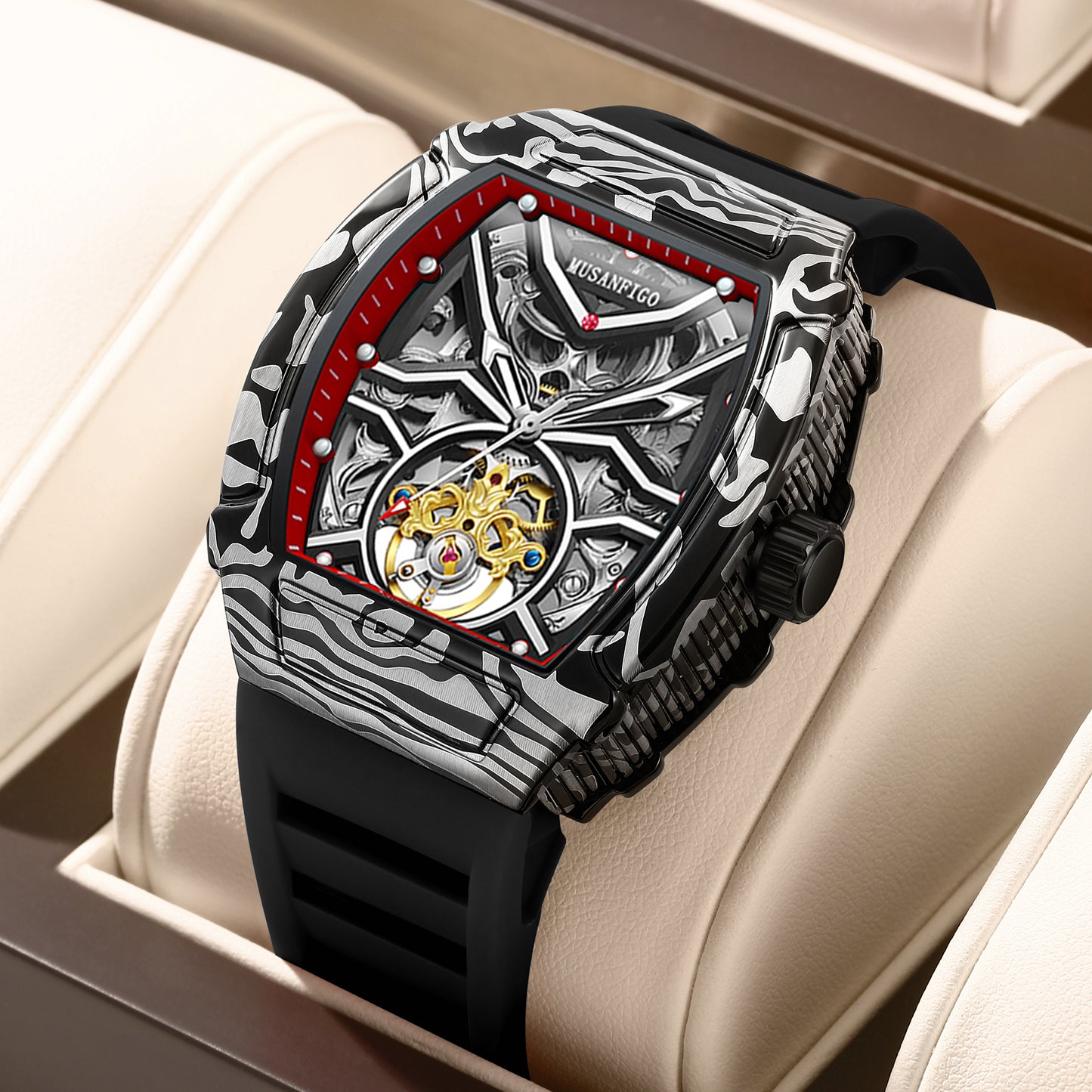 MUSANFIGO Tonneau Automatic Skeleton Watch MF02 – Barrel-Shaped Mechanical Timepiece for Men, Silicone Strap