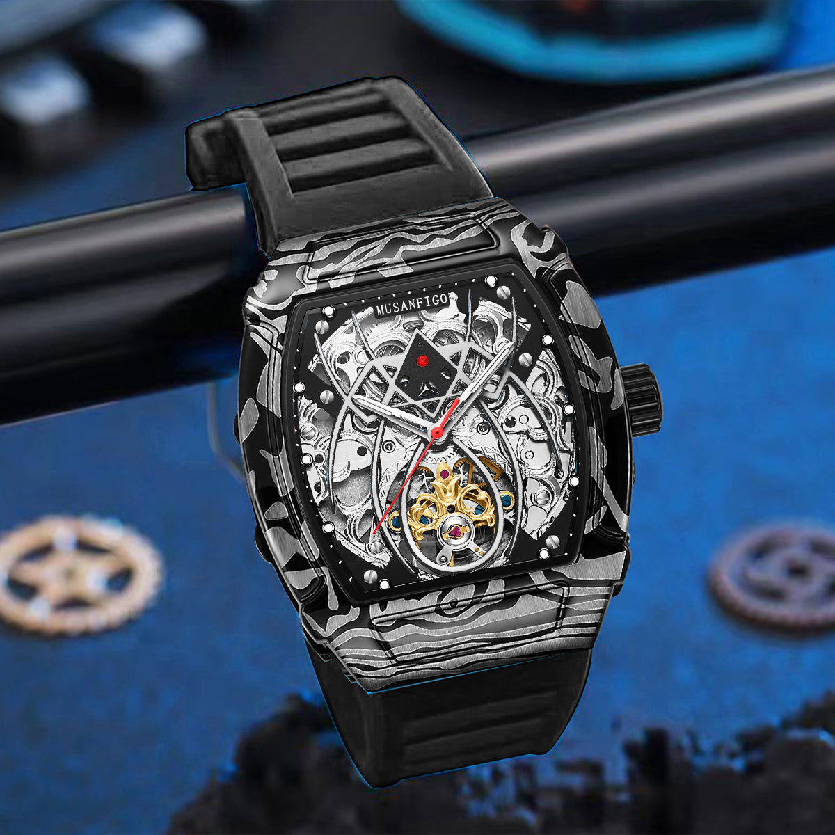 MUSANFIGO MF01 watch side profile showing laser-etched carbon texture