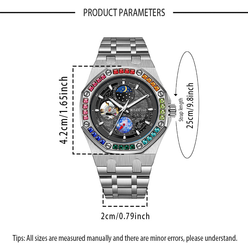 MUSANFIGO MG03 moon phase automatic watch dimensions - 1.65 inch case diameter for classic fit