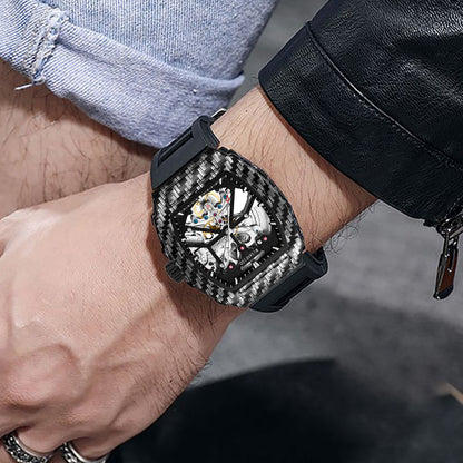 man wearing MUSANFIGO MF08 classic tonneau skeleton watch - business casual outfit for daily wear