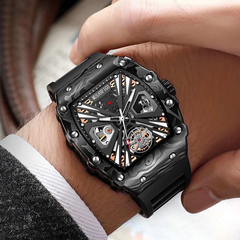 man wearing MUSANFIGO MF04 large tonneau skeleton watch - casual business outfit for daily wear