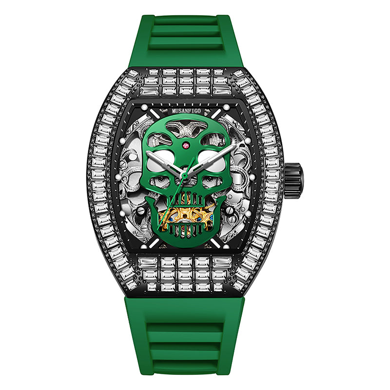 MUSANFIGO MF05 skull skeleton automatic watch for men - front view of large 2.24 inch case with skull design and exposed movement