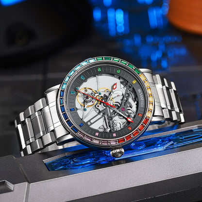 MG01 mechanical watch side view showing stainless steel case and crown