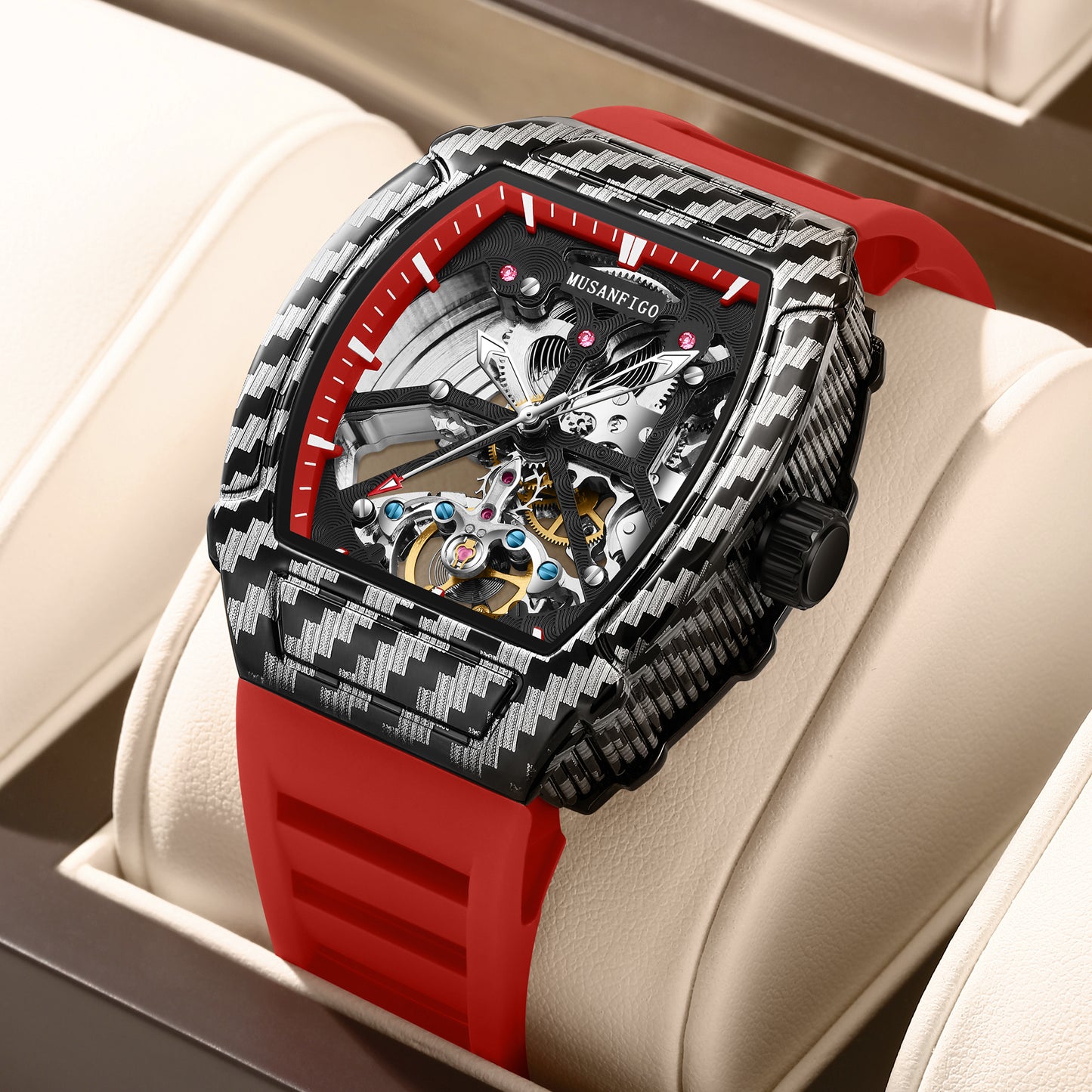 MUSANFIGO MF08 tonneau skeleton automatic watch for men - front view of 1.85 inch classic barrel case and exposed movement