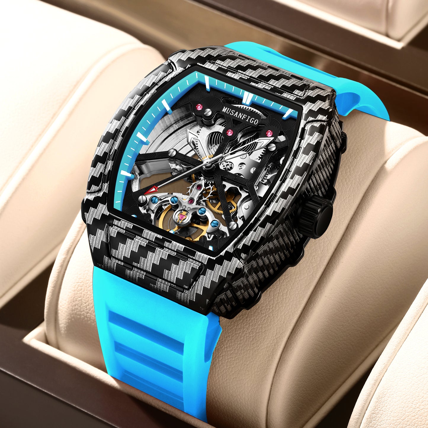 MUSANFIGO MF08 Tonneau Skeleton Watch – 1.85 Inch Automatic Mechanical Timepiece for Men, Silicone Strap