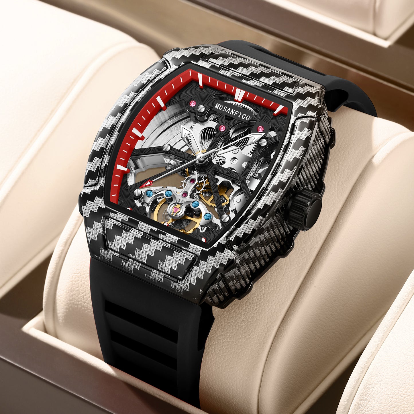 MUSANFIGO MF08 tonneau skeleton automatic watch for men - front view of 1.85 inch classic barrel case and exposed movement