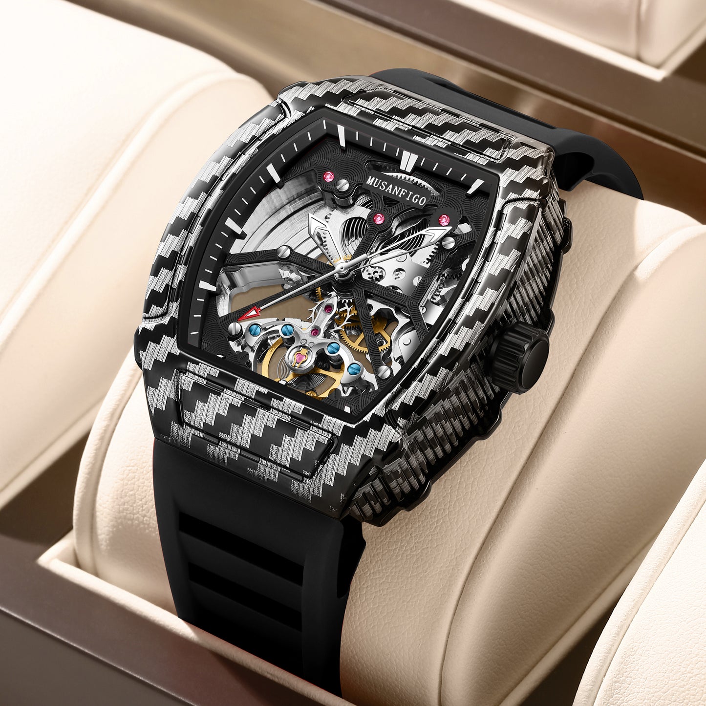 MUSANFIGO MF08 tonneau skeleton automatic watch for men - front view of 1.85 inch classic barrel case and exposed movement