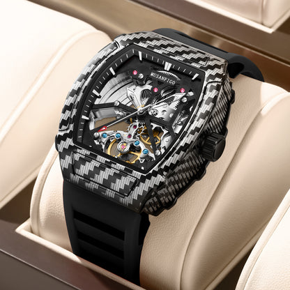 MUSANFIGO MF08 tonneau skeleton automatic watch for men - front view of 1.85 inch classic barrel case and exposed movement