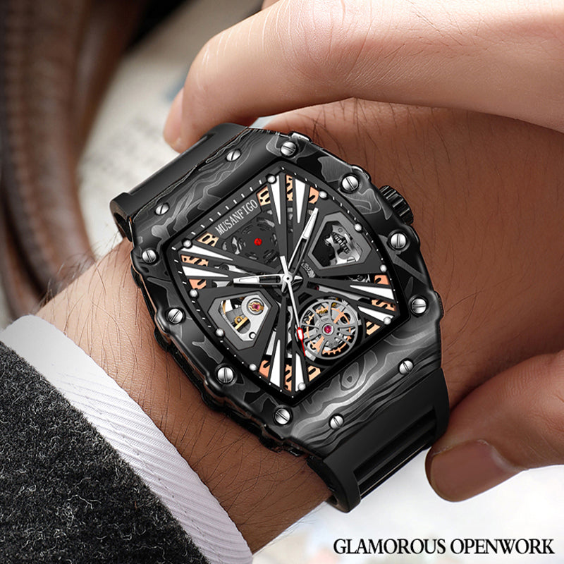 	man wearing MUSANFIGO MF04 large tonneau skeleton watch - casual business outfit for daily wear