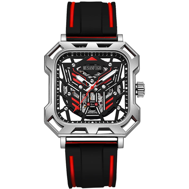 MUSANFIGO MF07 square skeleton automatic watch for men - front view of 1.96 inch square case and exposed movement