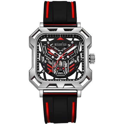 MUSANFIGO MF07 square skeleton automatic watch for men - front view of 1.96 inch square case and exposed movement