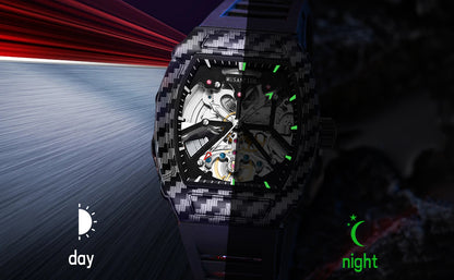 MUSANFIGO MF08 Tonneau Skeleton Watch – 1.85 Inch Automatic Mechanical Timepiece for Men, Silicone Strap