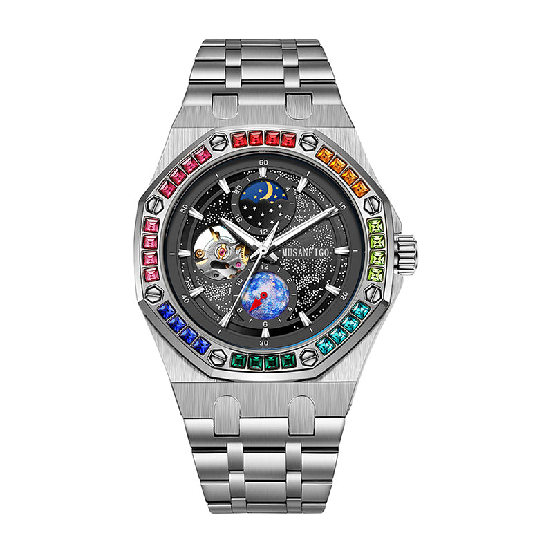 MUSANFIGO MG03 Moon Phase Automatic Watch – 1.65 Inch Round Mechanical Timepiece for Men, Stainless Steel Strap