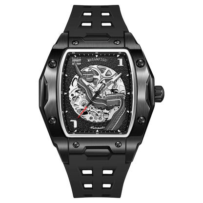 MUSANFIGO MF03 square tonneau skeleton automatic watch for men - front view of exposed movement and square case