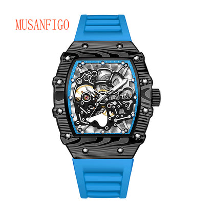 MUSANFIGO MF06 tonneau skeleton automatic watch for men - front view of large 2.16 inch case and exposed movement