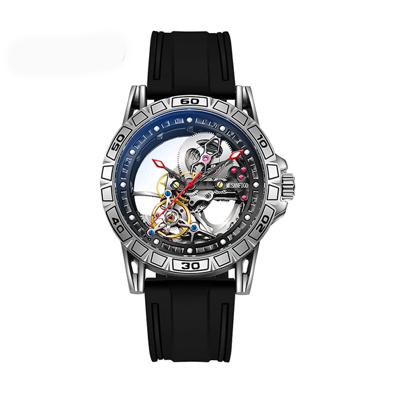 MUSANFIGO MG04 skeleton dive watch for men - front view of massive 2.55 inch round case and exposed movement