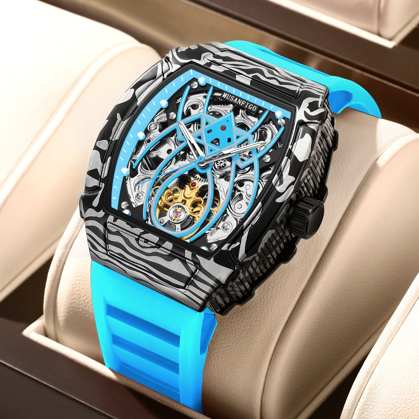 MUSANFIGO MF01 tonneau skeleton automatic watch for men - front view of exposed mechanical movement