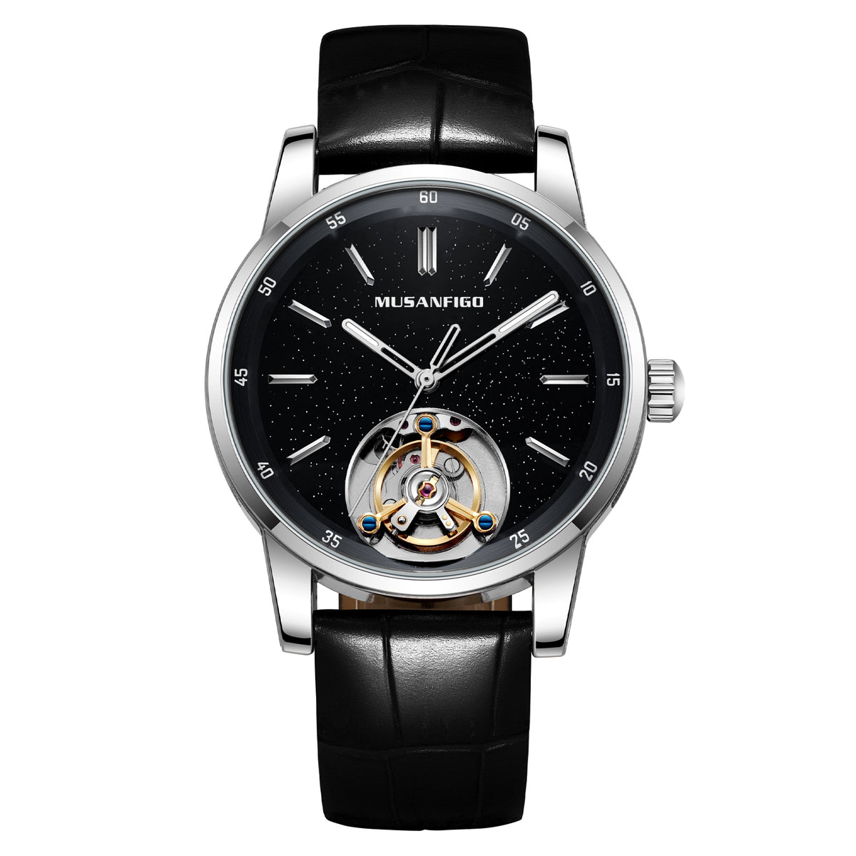 MUSANFIGO MG05 CATHEDRAL round skeleton automatic watch, burgundy dial with open balance wheel at 6 o'clock, stainless steel case and leather strap