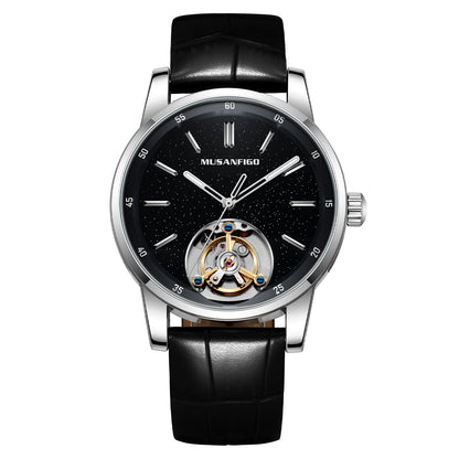 MUSANFIGO MG05 CATHEDRAL round skeleton automatic watch, burgundy dial with open balance wheel at 6 o'clock, stainless steel case and leather strap