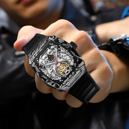 MUSANFIGO MF01 carbon pattern barrel skeleton watch on wrist outdoor